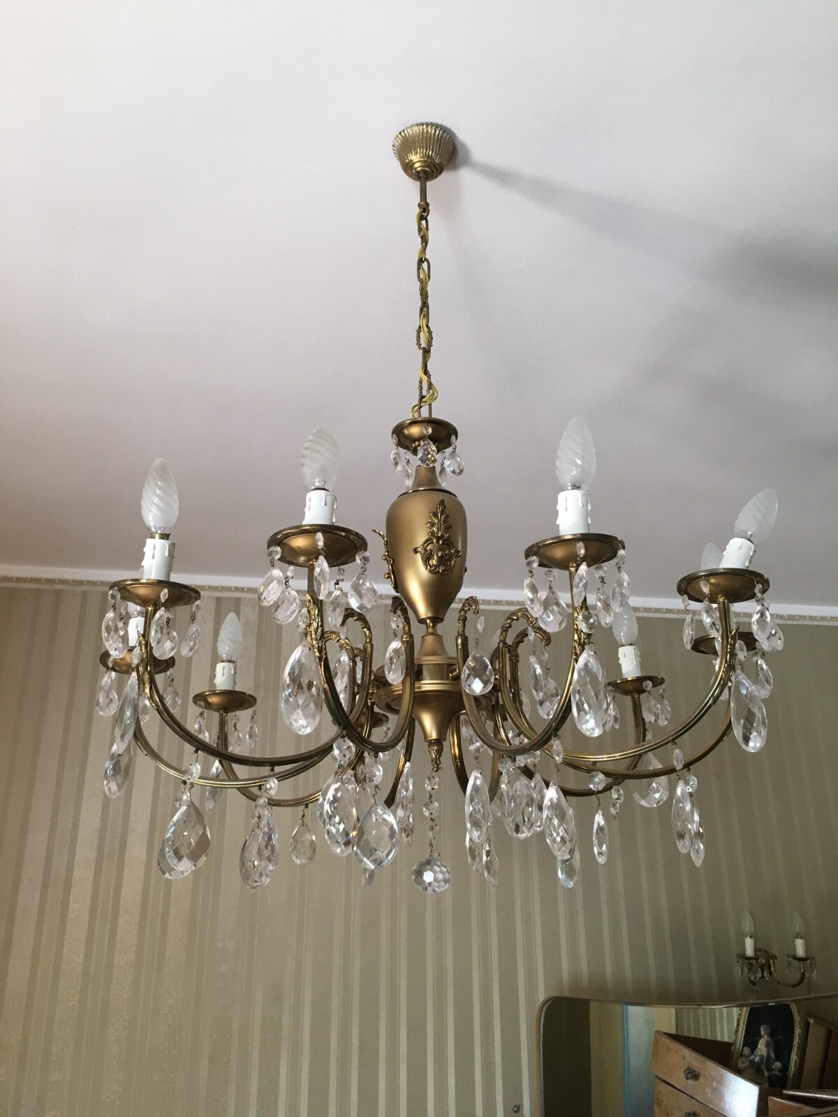 Lampadario Decorativo In Ottone Brunito E Vetro, Anni '60