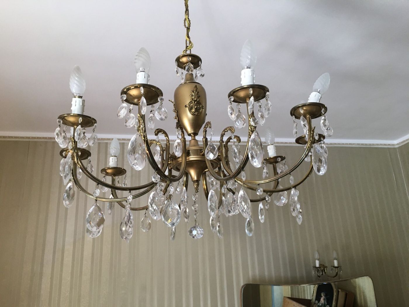 Lampadario Decorativo In Ottone Brunito E Vetro, Anni '60