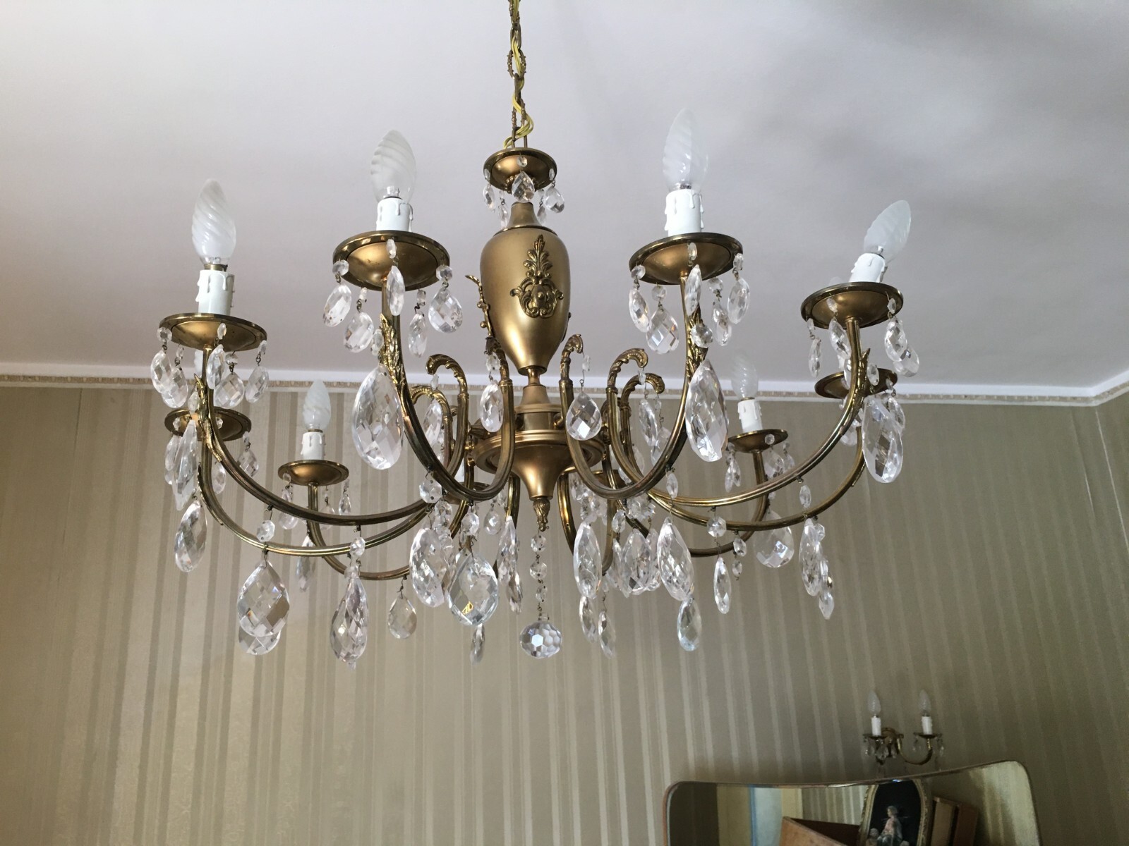 Lampadario Decorativo In Ottone Brunito E Vetro, Anni '60