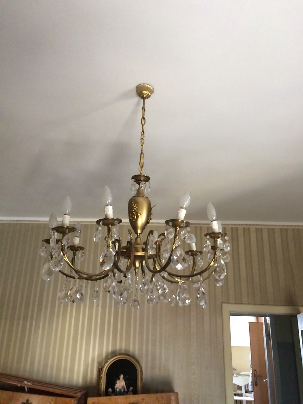 Lampadario Decorativo In Ottone Brunito E Vetro, Anni '60