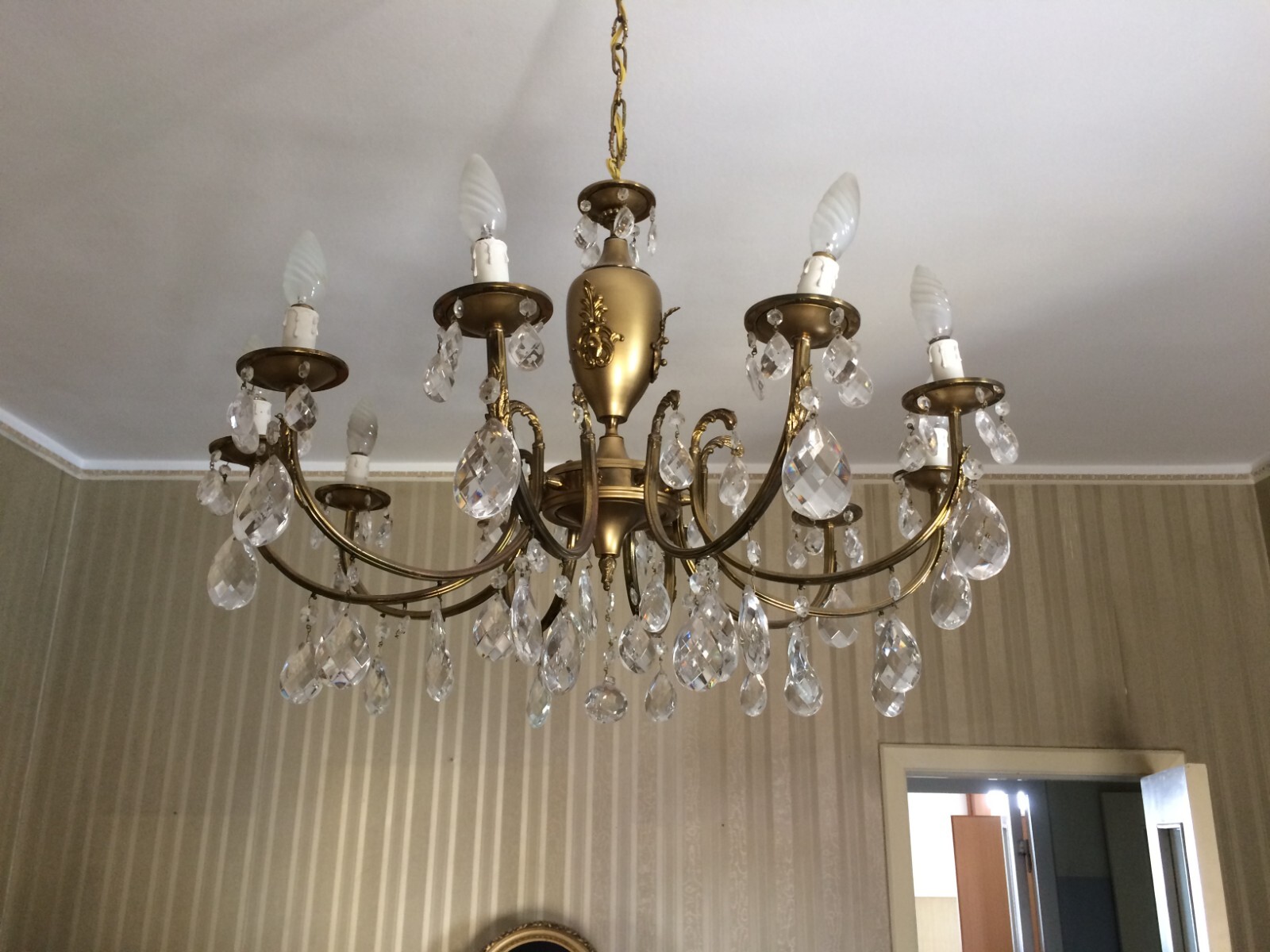 Lampadario Decorativo In Ottone Brunito E Vetro, Anni '60