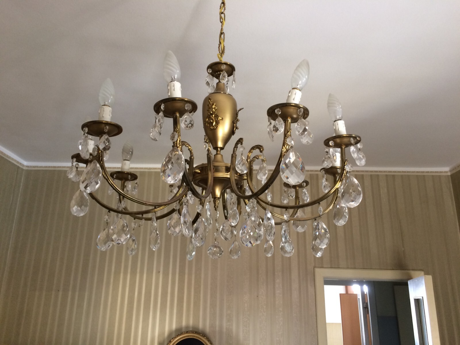 Lampadario Decorativo In Ottone Brunito E Vetro, Anni '60
