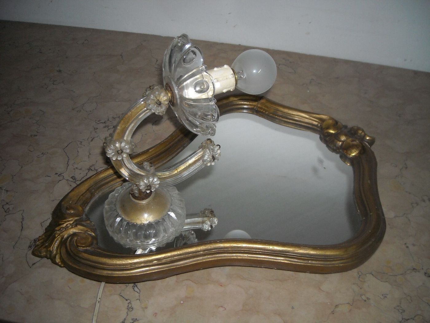 Specchiera Decorativa Con Lampada Applique E Vetro d'Epoca