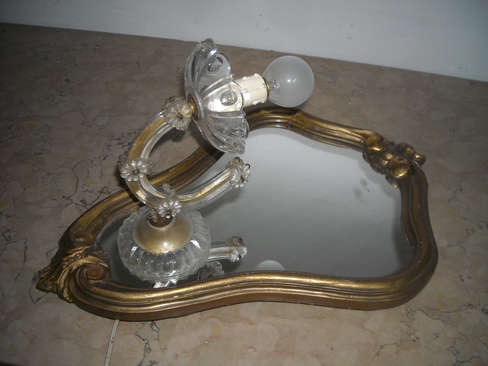 Specchiera Decorativa Con Lampada Applique E Vetro d'Epoca