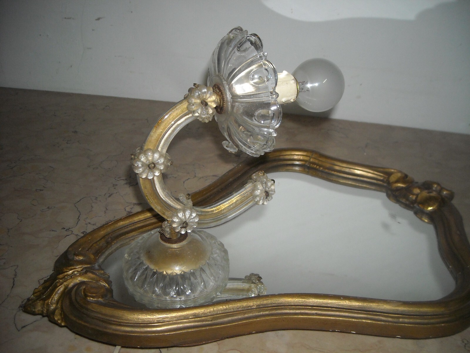 Specchiera Decorativa Con Lampada Applique E Vetro d'Epoca