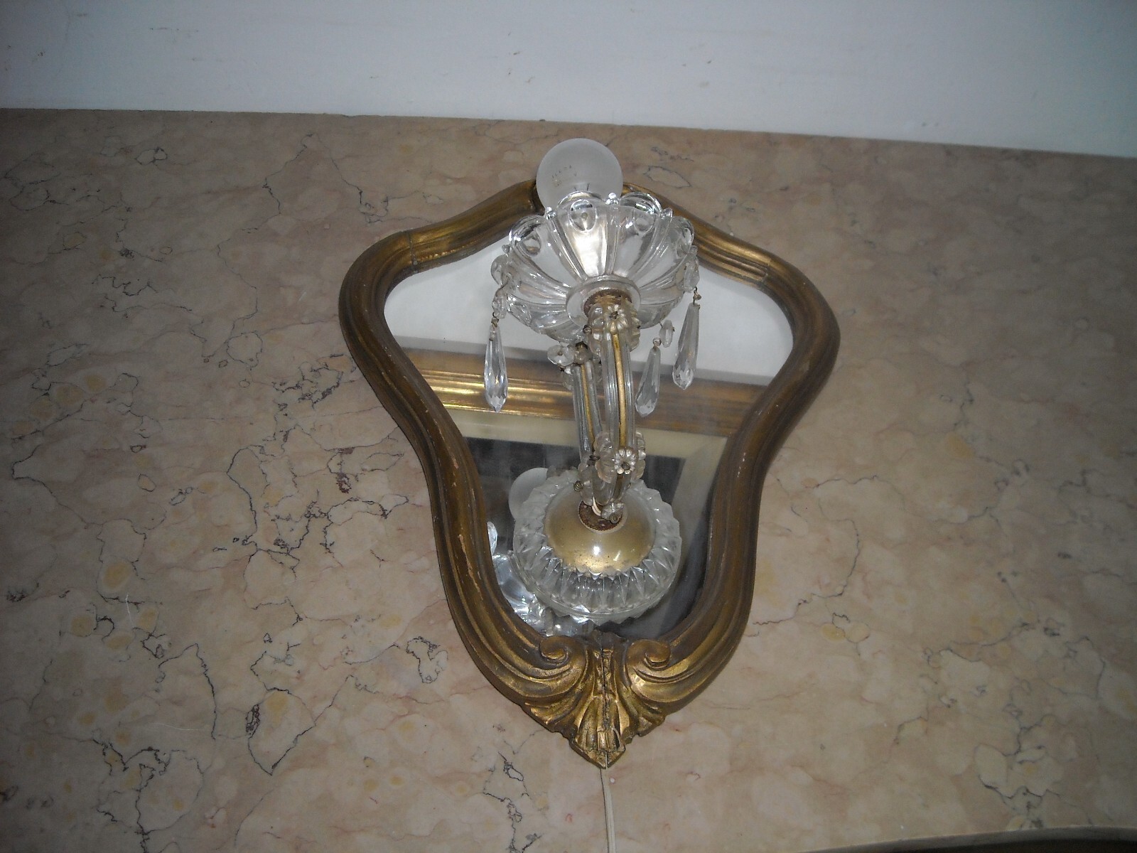 Specchiera Decorativa Con Lampada Applique E Vetro d'Epoca