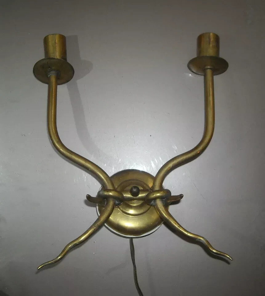 Lampada Applique A Due Bracci In Metallo Dorato, Stile Giò Ponti