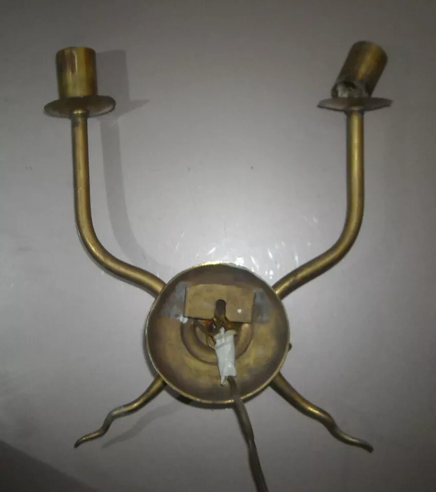 Lampada Applique A Due Bracci In Metallo Dorato, Stile Giò Ponti