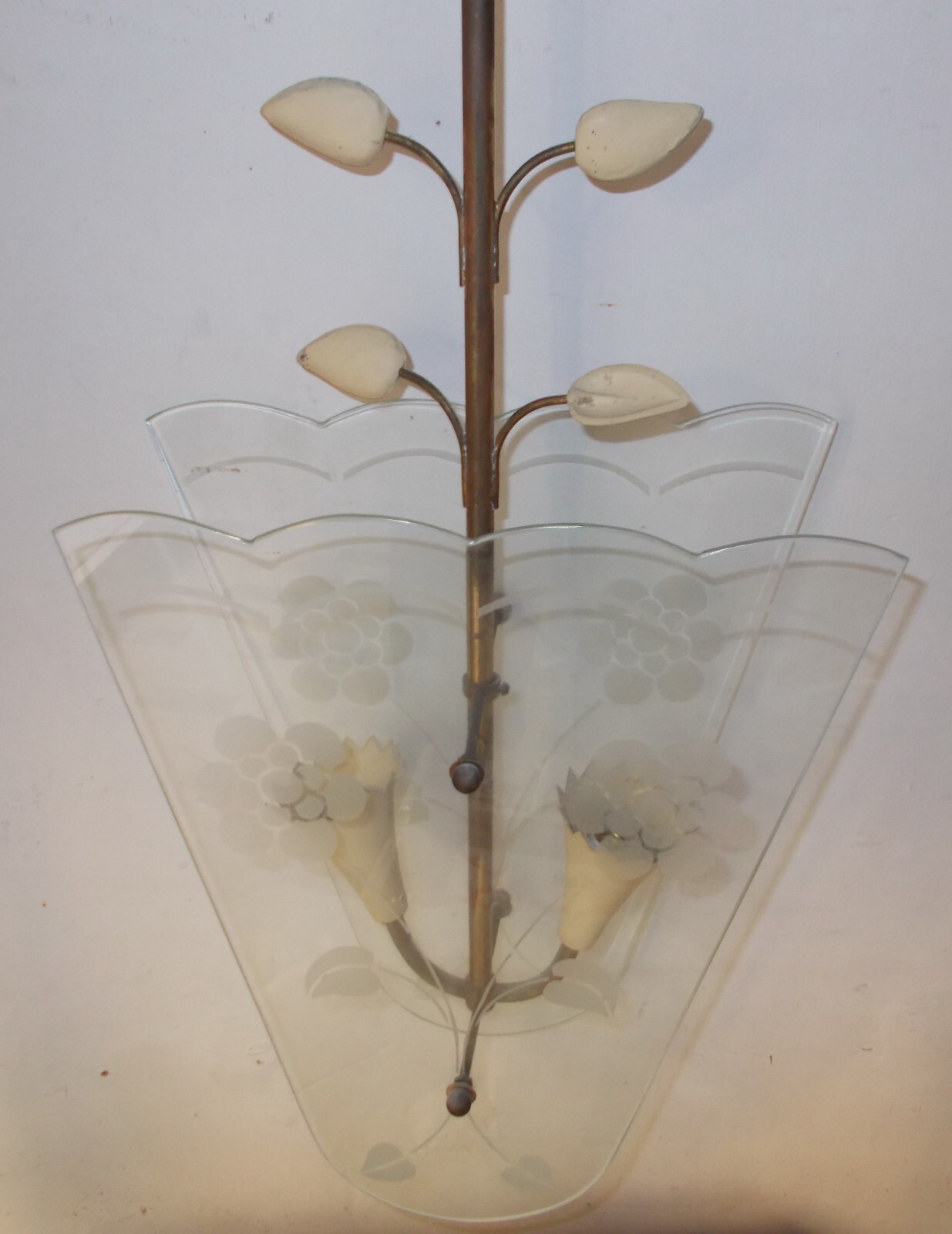 Lampadario A Sospensione In Vetro Inciso E Ottone