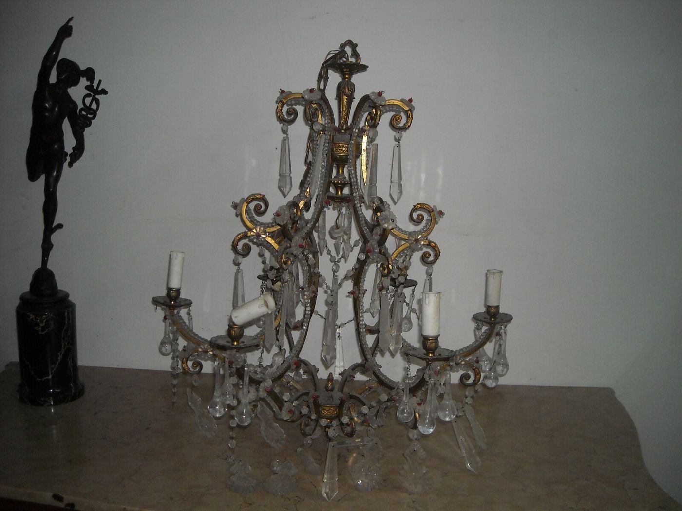 Lampadario Antico In Ottone Dorato E Vetro Molato