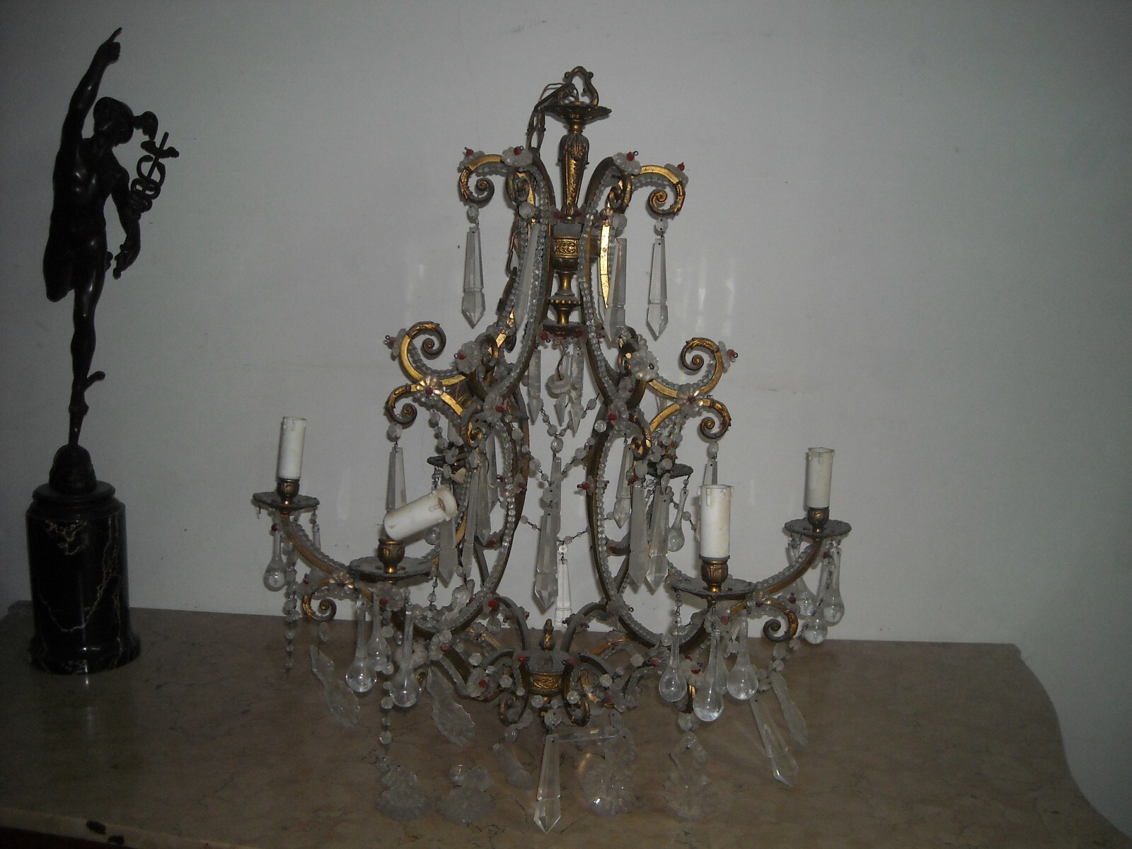 Lampadario Antico In Ottone Dorato E Vetro Molato