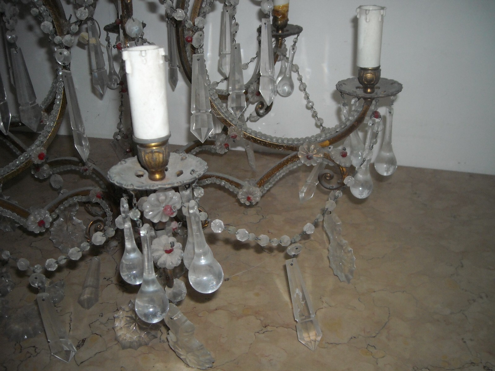 Lampadario Antico In Ottone Dorato E Vetro Molato