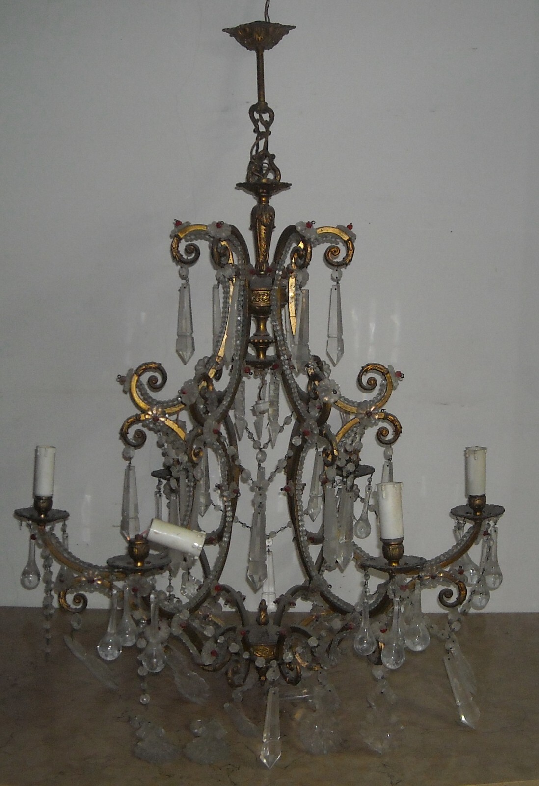 Lampadario Antico In Ottone Dorato E Vetro Molato