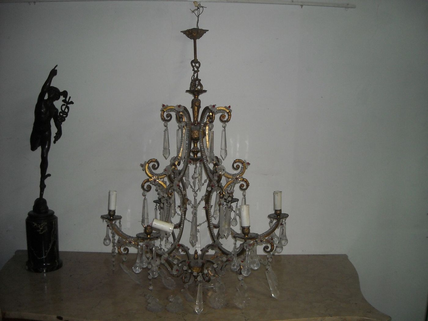 Lampadario Antico In Ottone Dorato E Vetro Molato