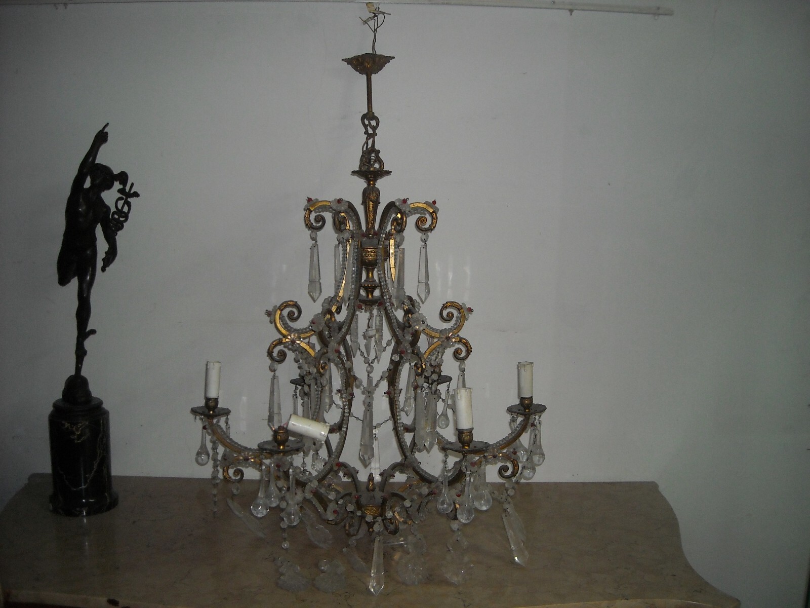 Lampadario Antico In Ottone Dorato E Vetro Molato