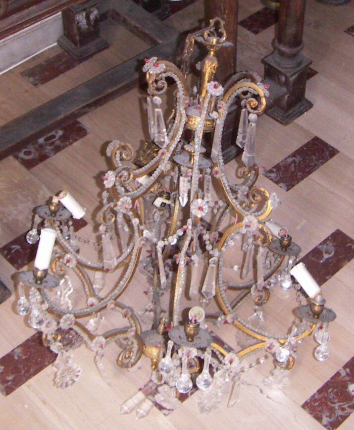 Lampadario Antico In Ottone Dorato E Vetro Molato