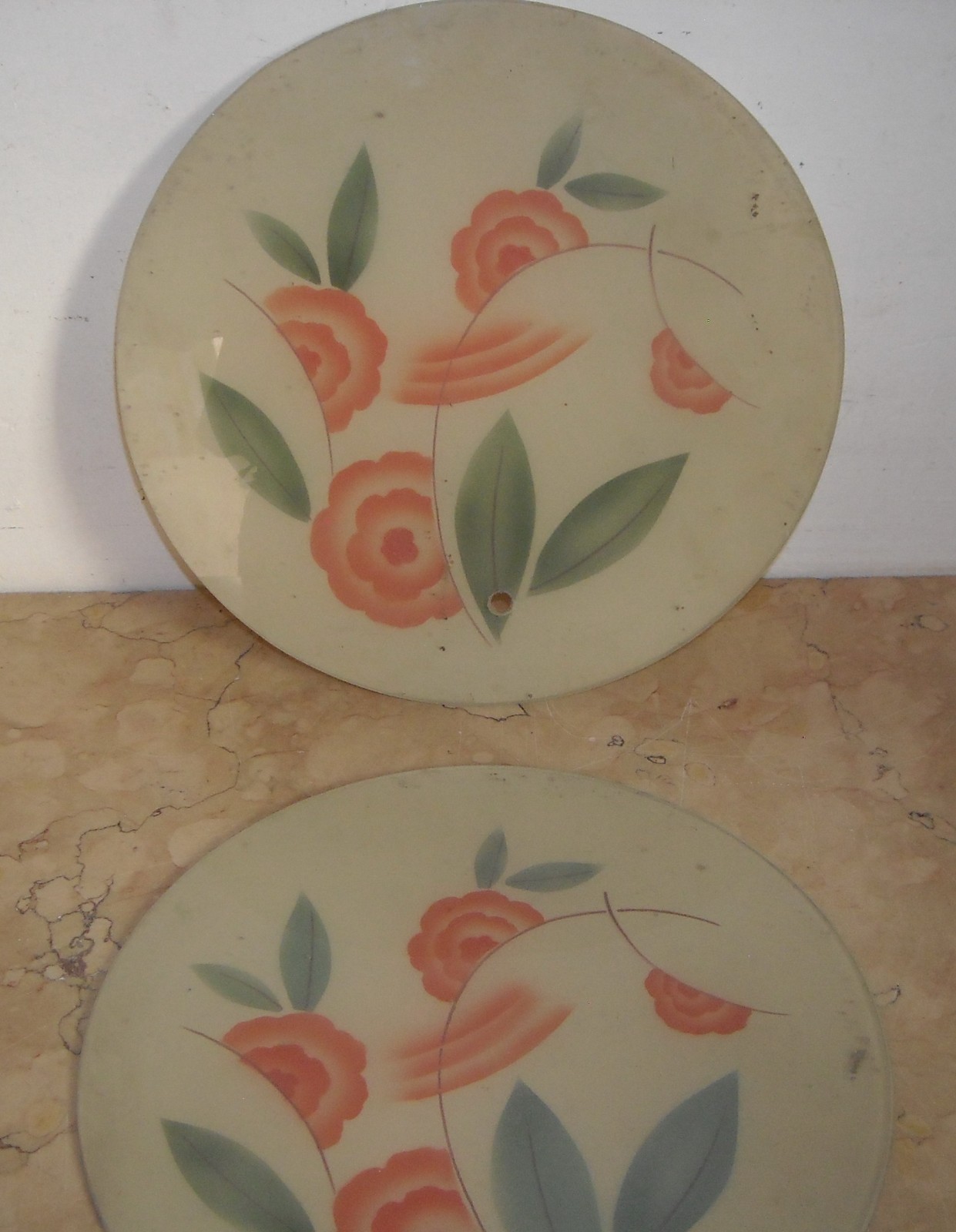Coppia Di Vetri Piatti Per Lampada Con Decorazione Floreale