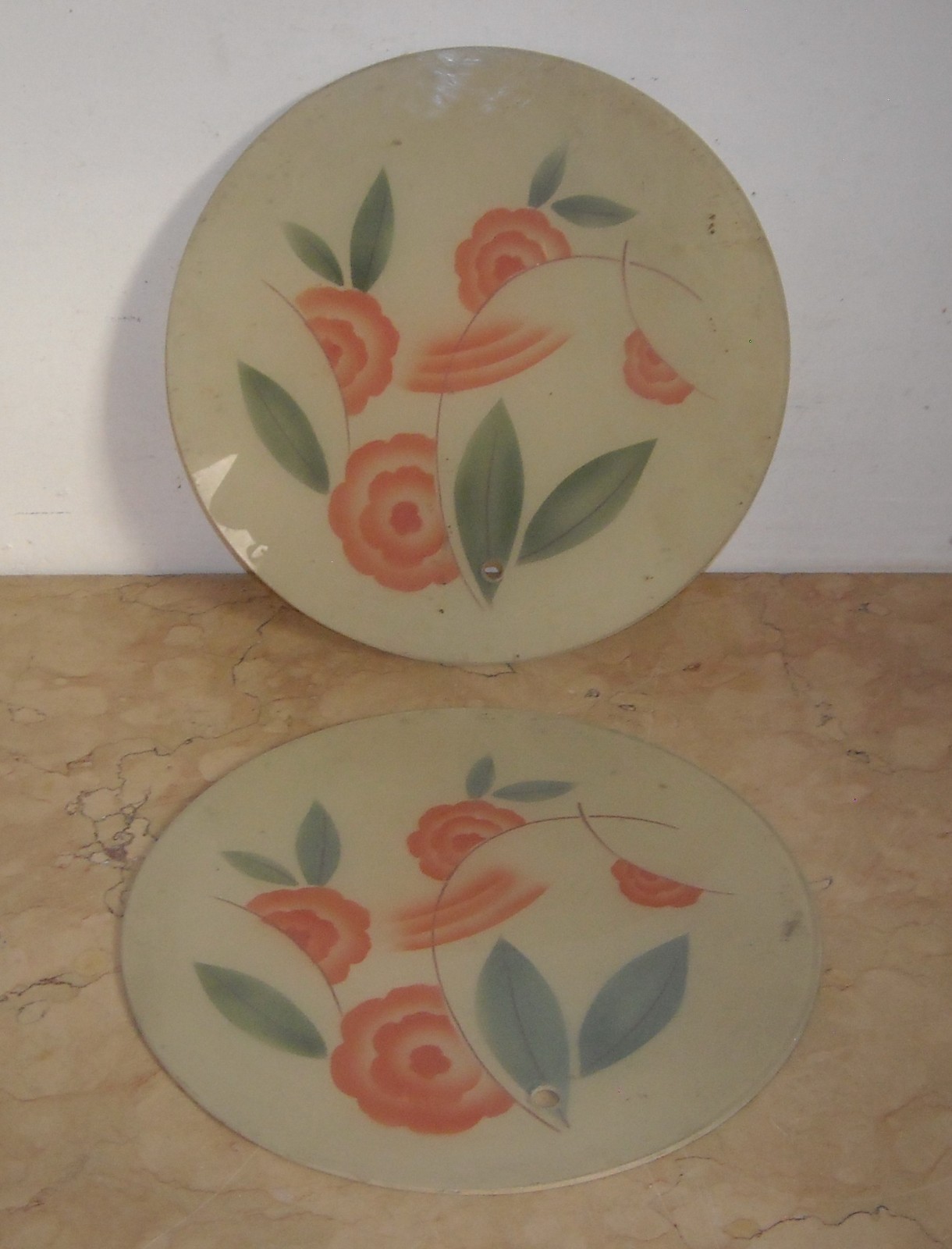 Coppia Di Vetri Piatti Per Lampada Con Decorazione Floreale