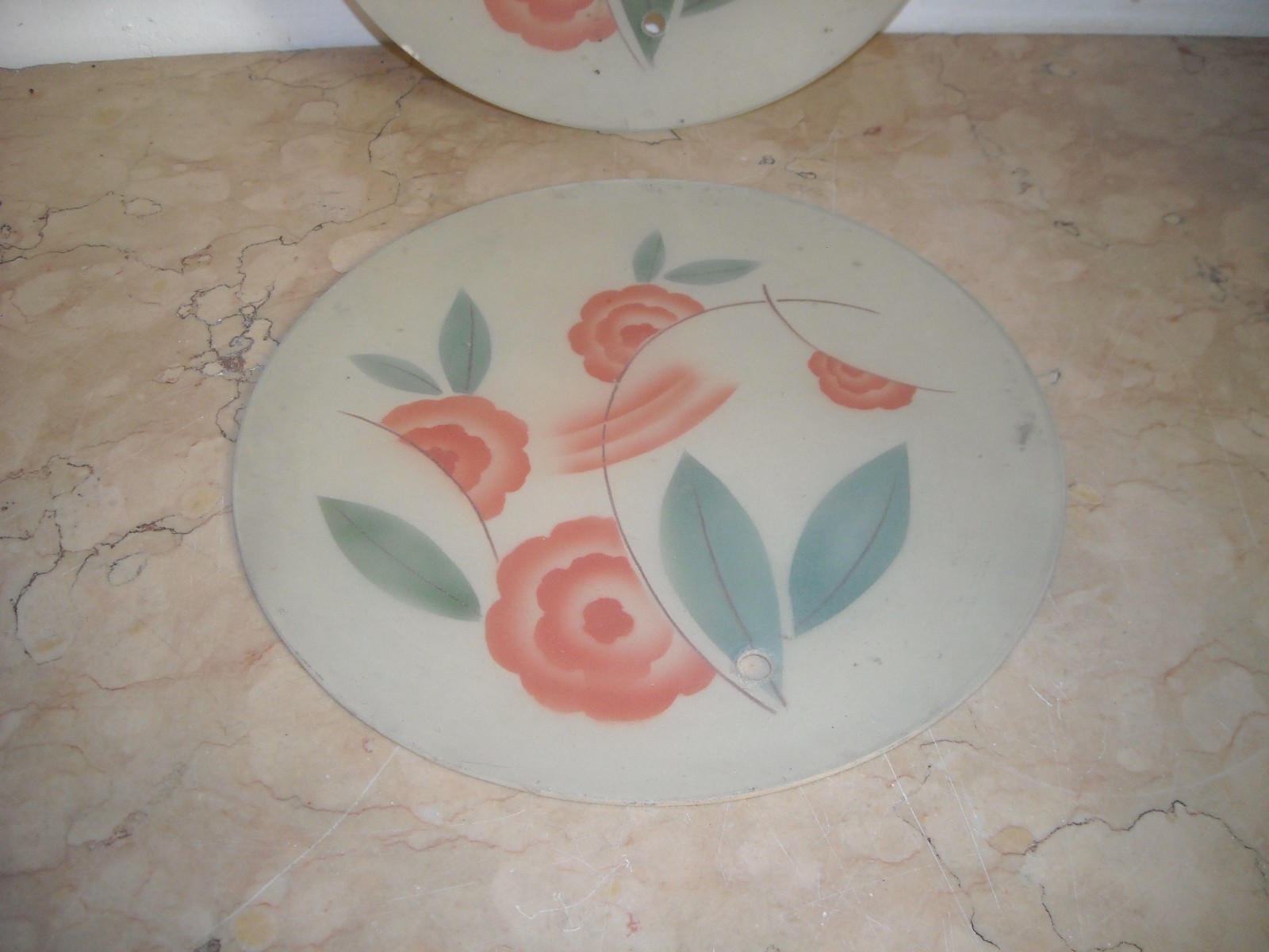 Coppia Di Vetri Piatti Per Lampada Con Decorazione Floreale