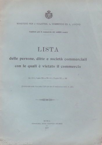 Lista Divieto Commercio Sudditi Nemici 1917 Ministero Industria