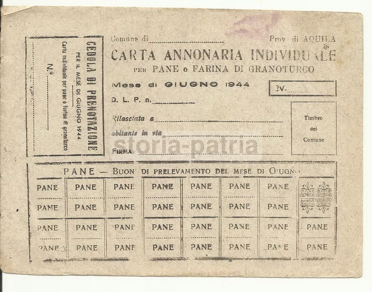 Carta Annonaria Pane E Farina Granoturco Aquila 1944 Originale