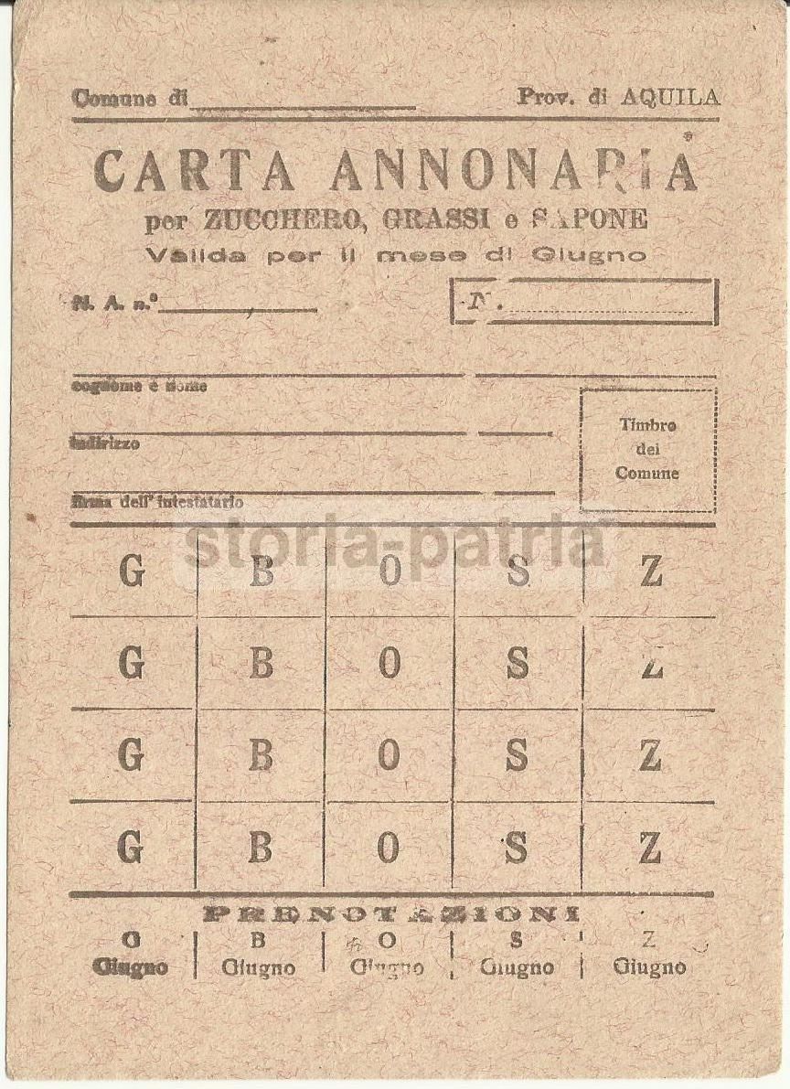 Carta Annonaria Aquila Zucchero Grassi Sapone Anni '40 Abruzzo