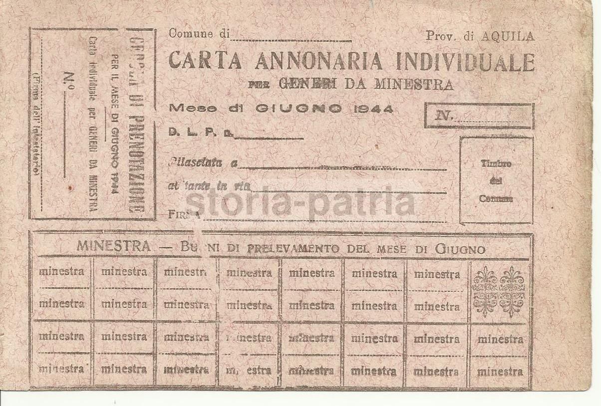 Carta Annonaria Per Minestra, Provincia Di Aquila, 1944