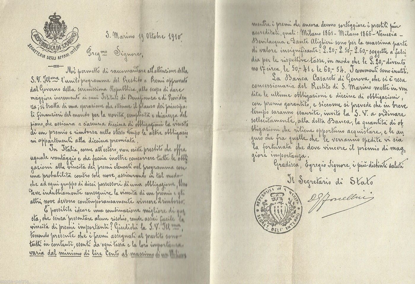 Prestito A Premi Repubblica San Marino 1910 Banca Casareto Genova