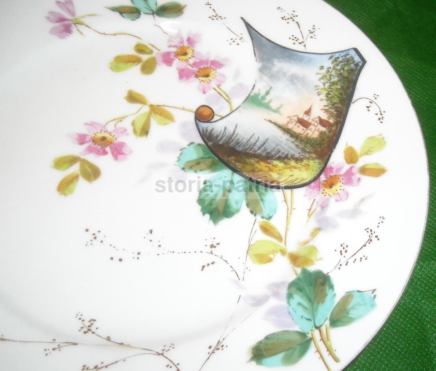 Piatto Antico Porcellana Dipinta Floreale Con Paesaggio Liberty
