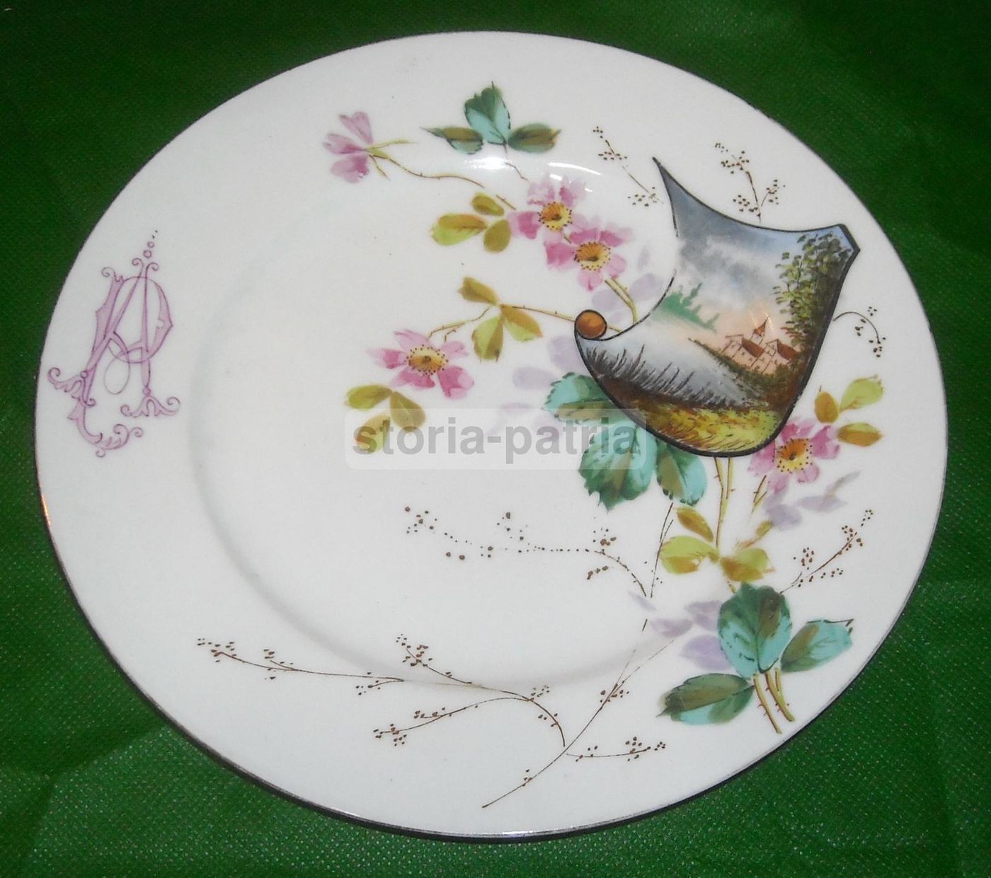 Piatto Antico Porcellana Dipinta Floreale Con Paesaggio Liberty