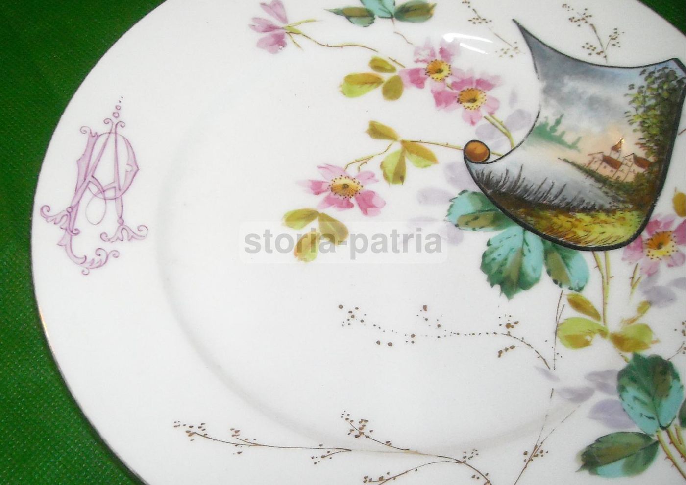 Piatto Antico Porcellana Dipinta Floreale Con Paesaggio Liberty
