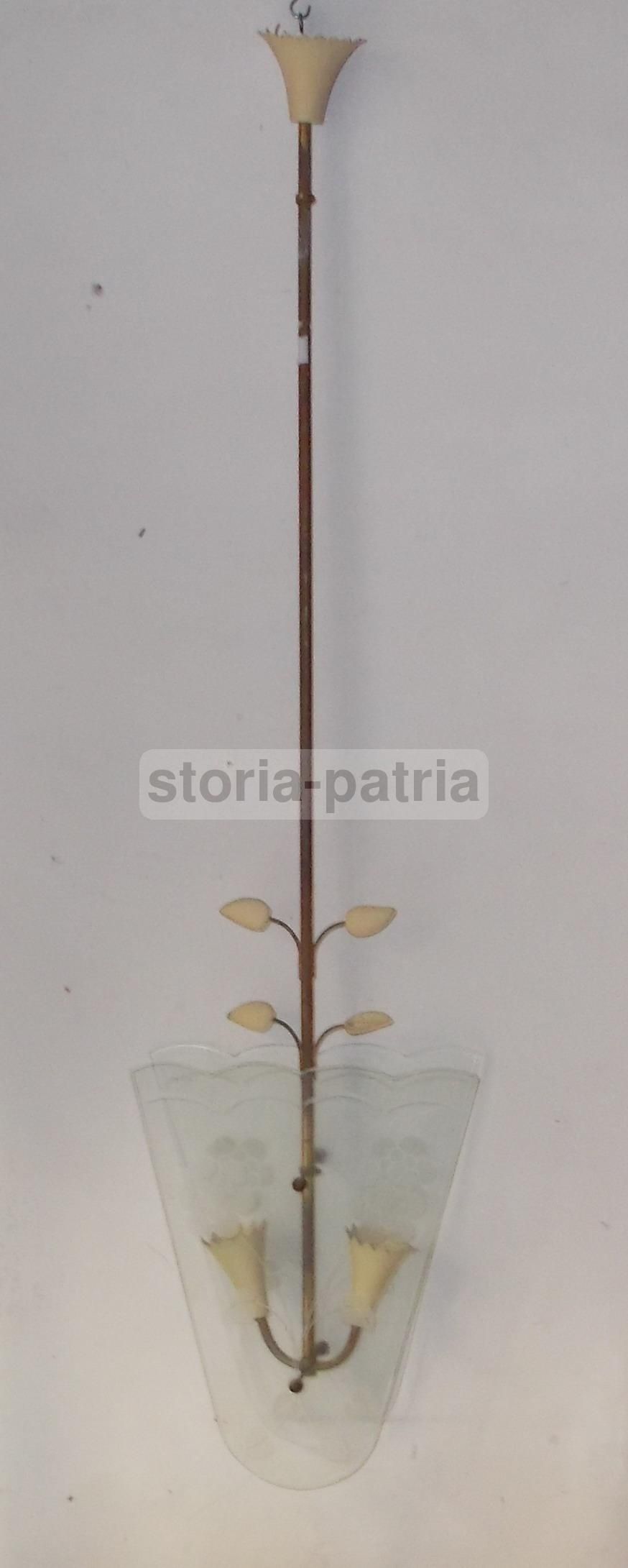 Lampadario Vintage In Vetro E Ottone, Anni '50