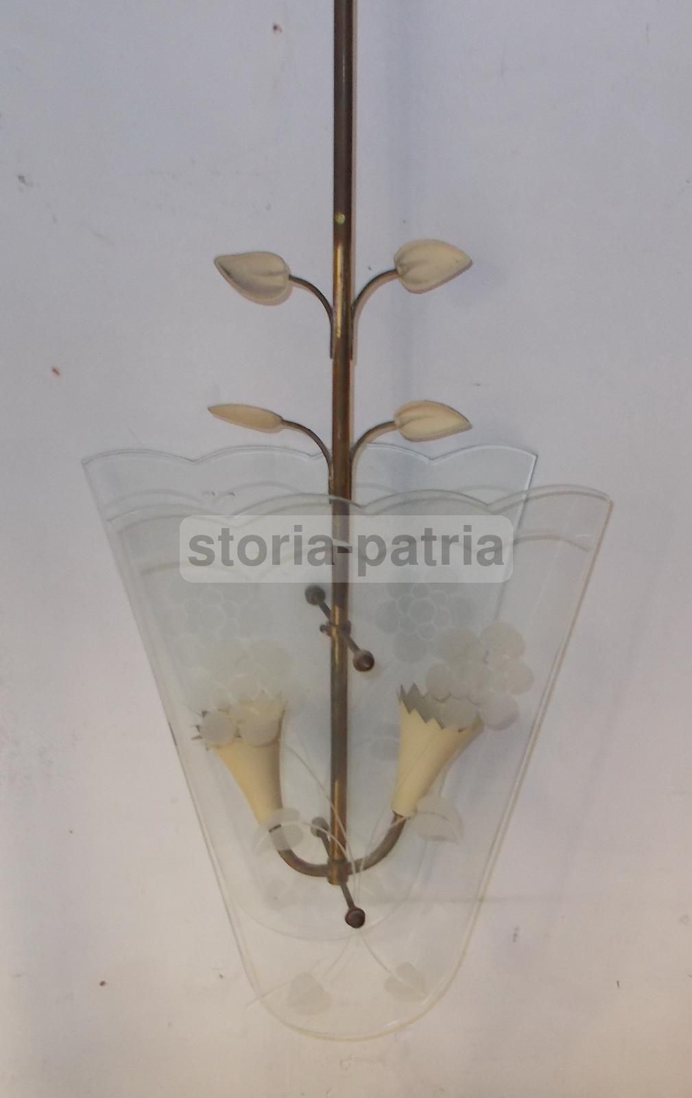 Lampadario Vintage In Vetro E Ottone, Anni '50