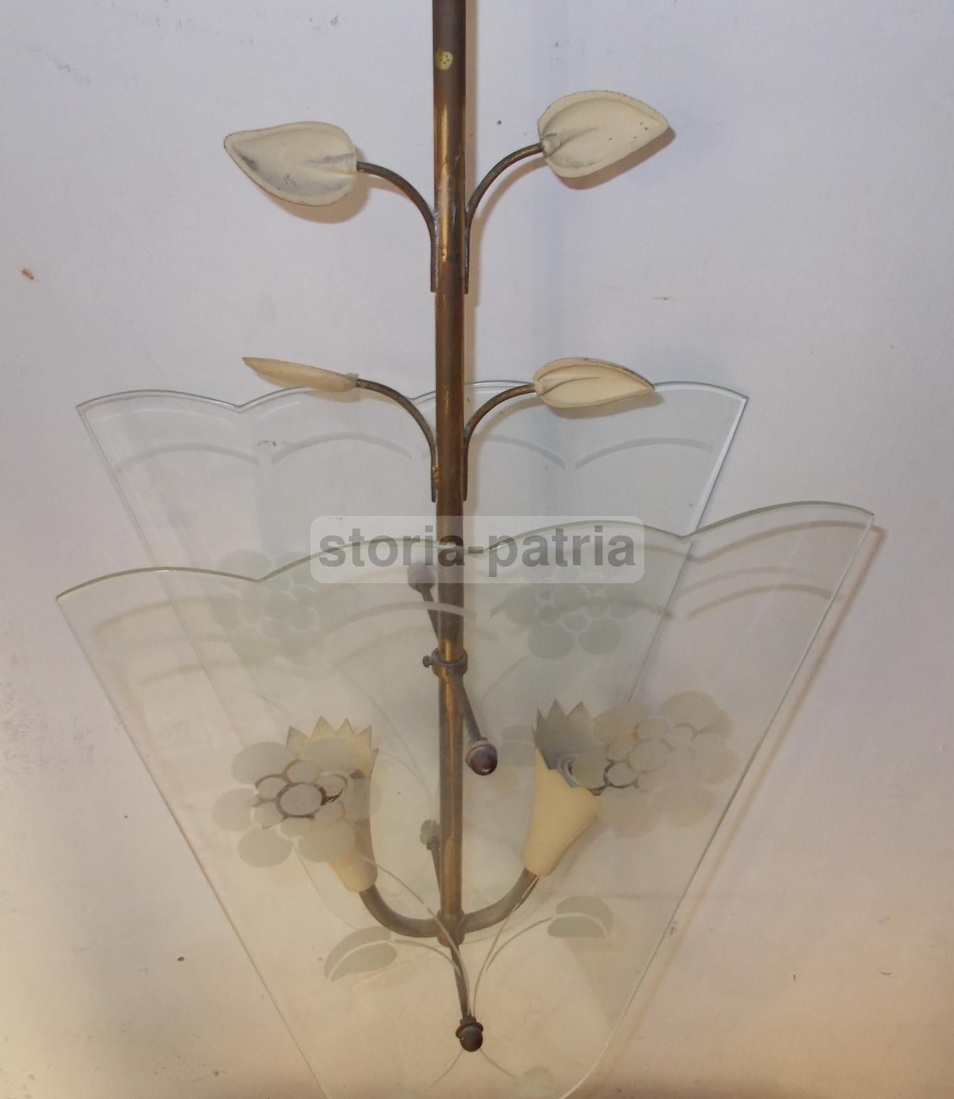 Lampadario Vintage In Vetro E Ottone, Anni '50