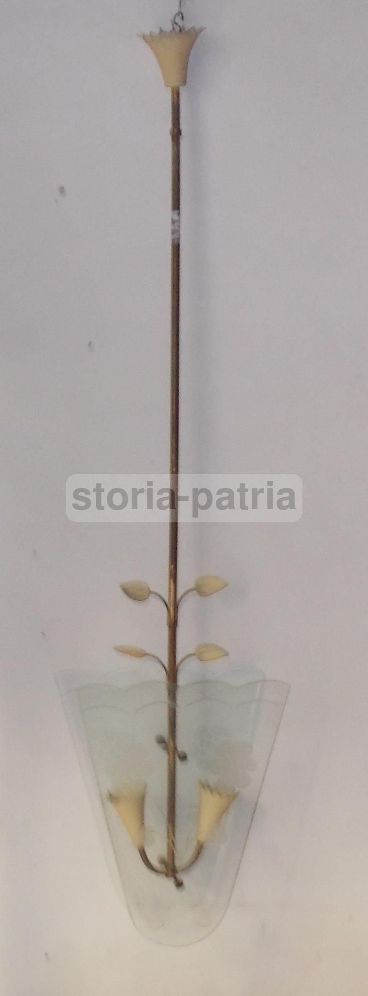 Lampadario Vintage In Vetro E Ottone, Anni '50