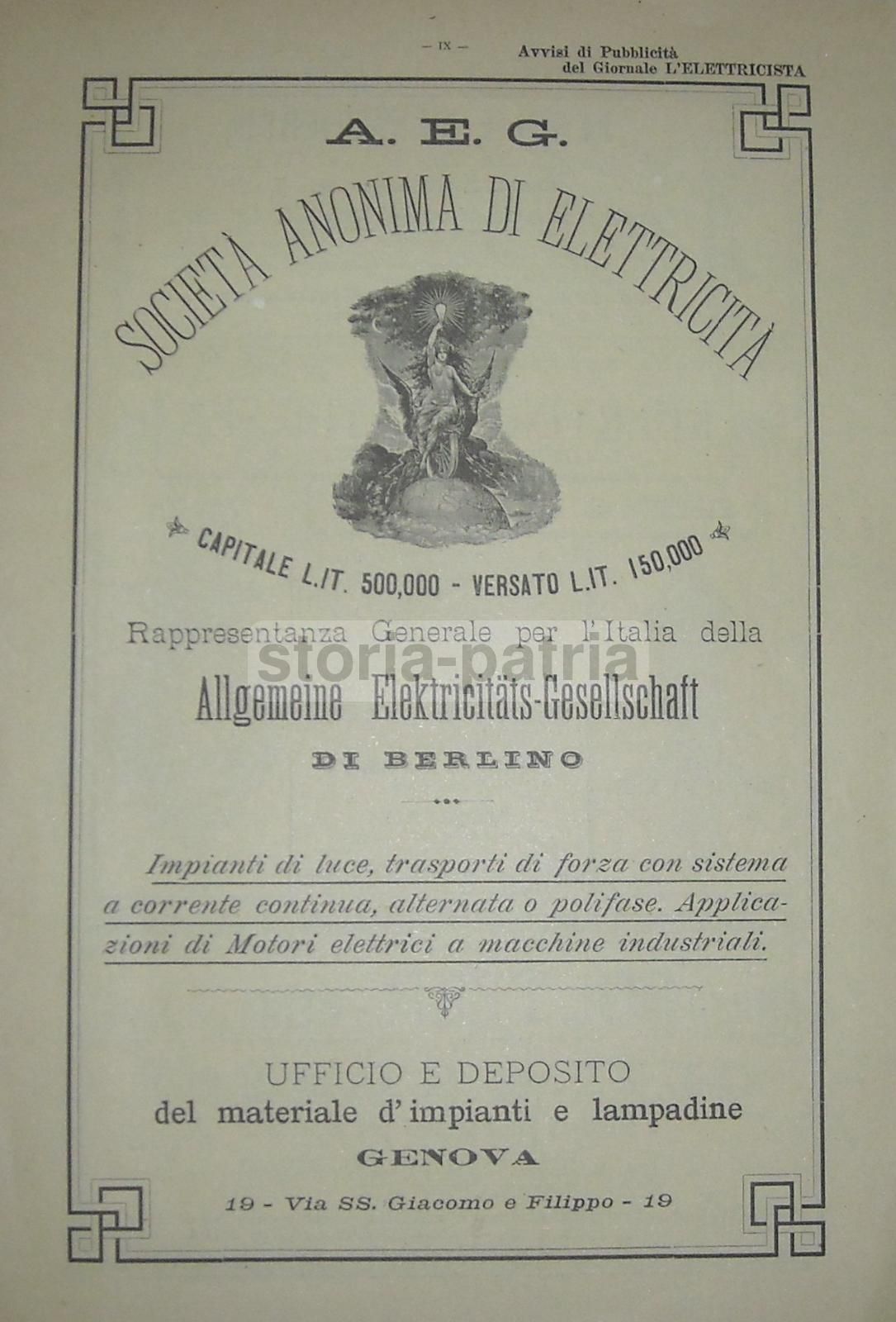 Pubblicità AEG Berlino Elettricità Genova Impianti Lampadine 1900