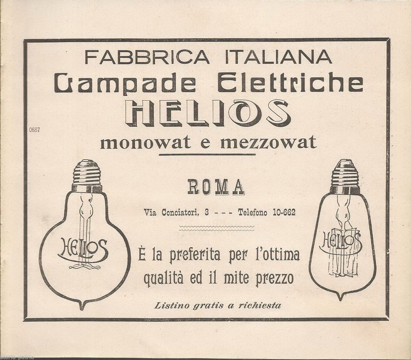 Pubblicità Lampade Elettriche Helios Roma Tipografia Marsano 1922