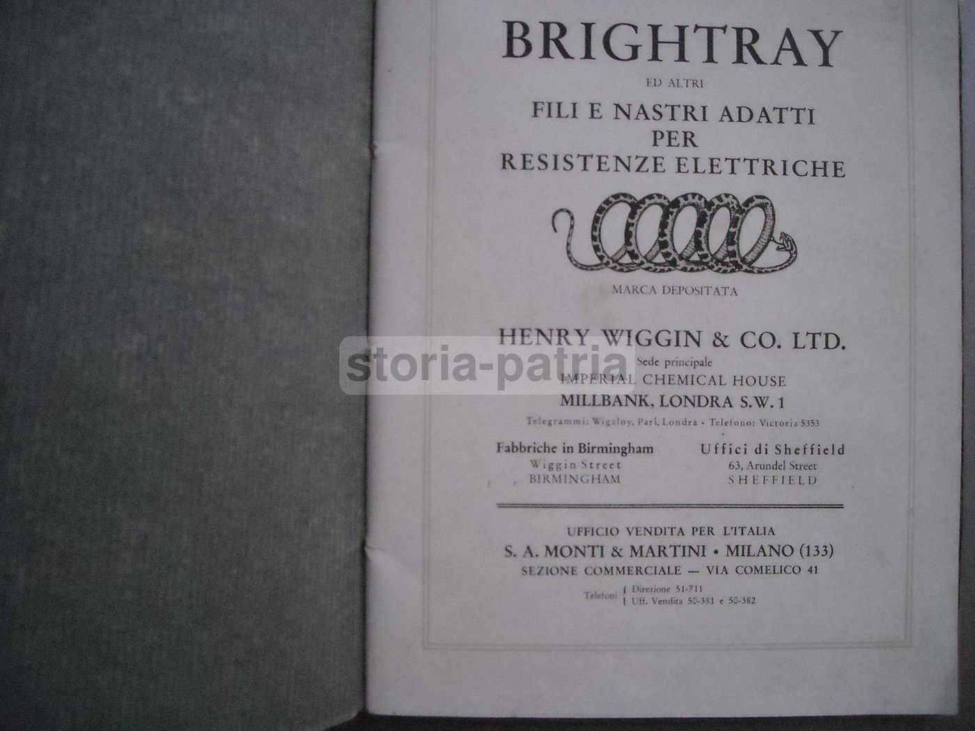 Catalogo Wiggin Resistenze Elettriche Monti & Martini Milano 1920