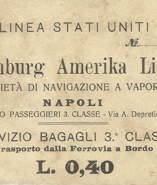 Biglietto d'Imbarco Hamburg Amerika Linie, Napoli: Emigrazione Per L'America