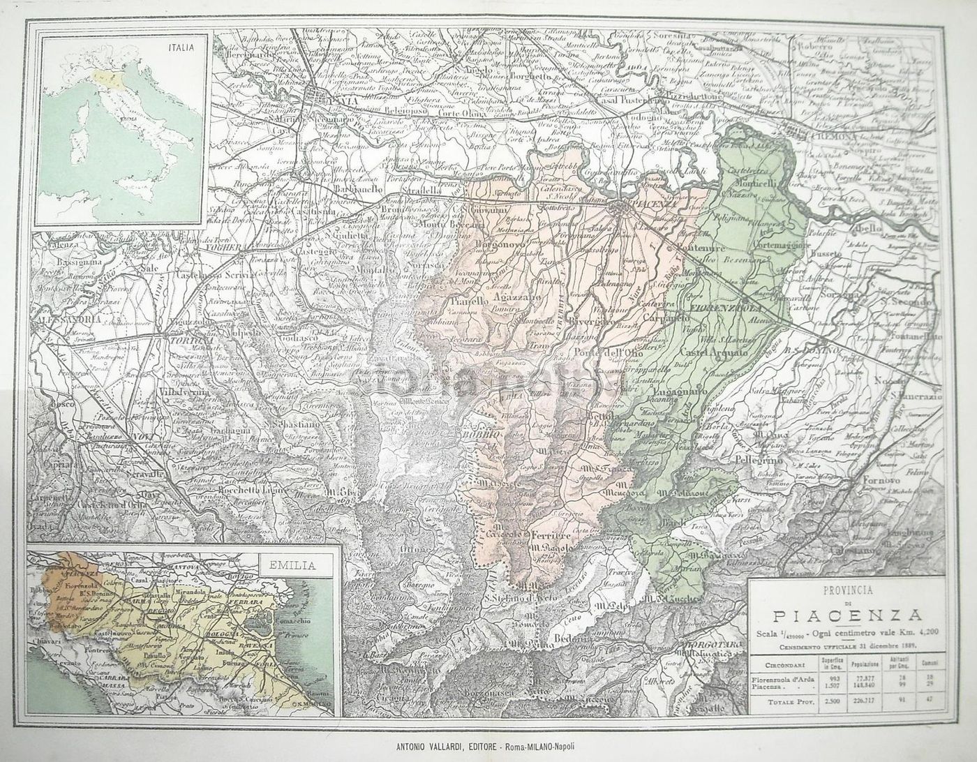 Mappa Antica Della Provincia Di Piacenza, Vallardi, Fine '800