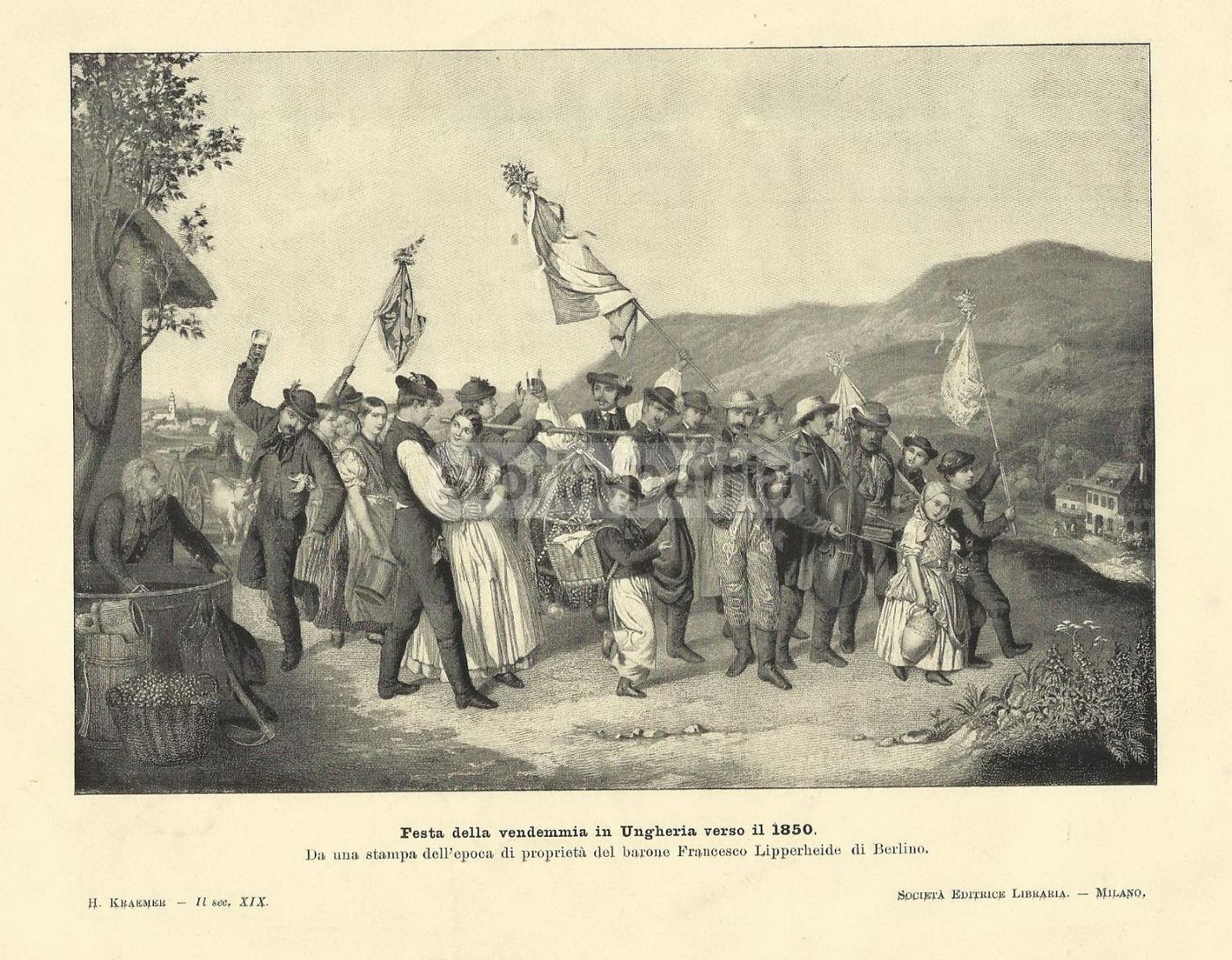 Stampa Antica Festa Della Vendemmia Ungheria 1850 Enologia Vino