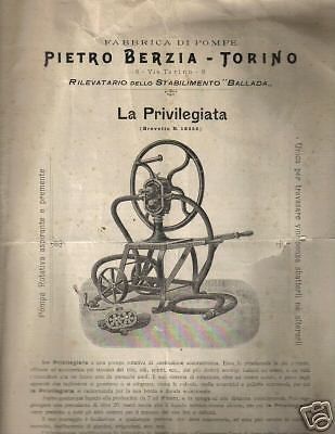 Volantino Pubblicitario Pompe Berzia, Torino 1902, Enologia E Vini