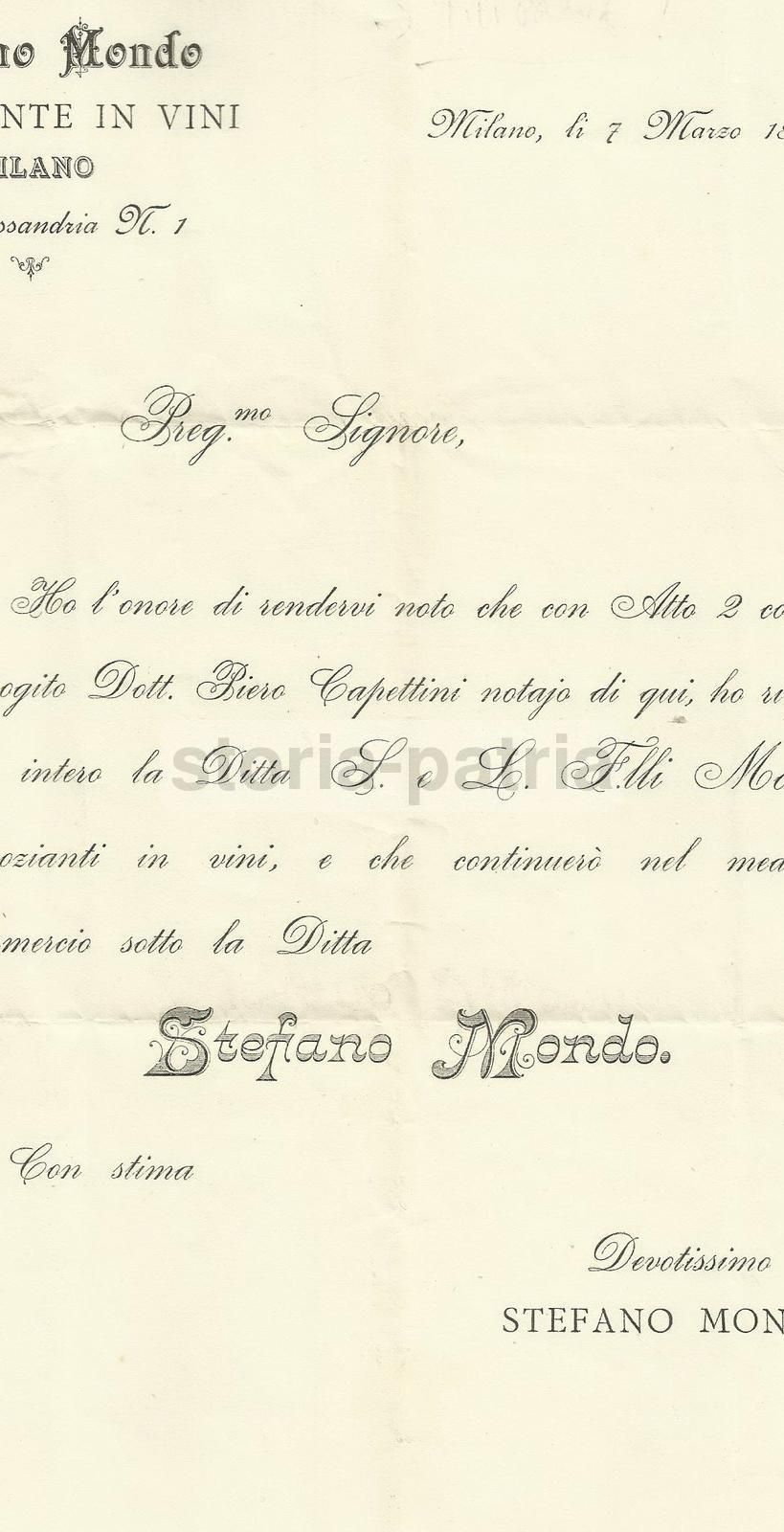 Stampa Pubblicitaria Stefano Mondo Vini Milano 1893 Notaio
