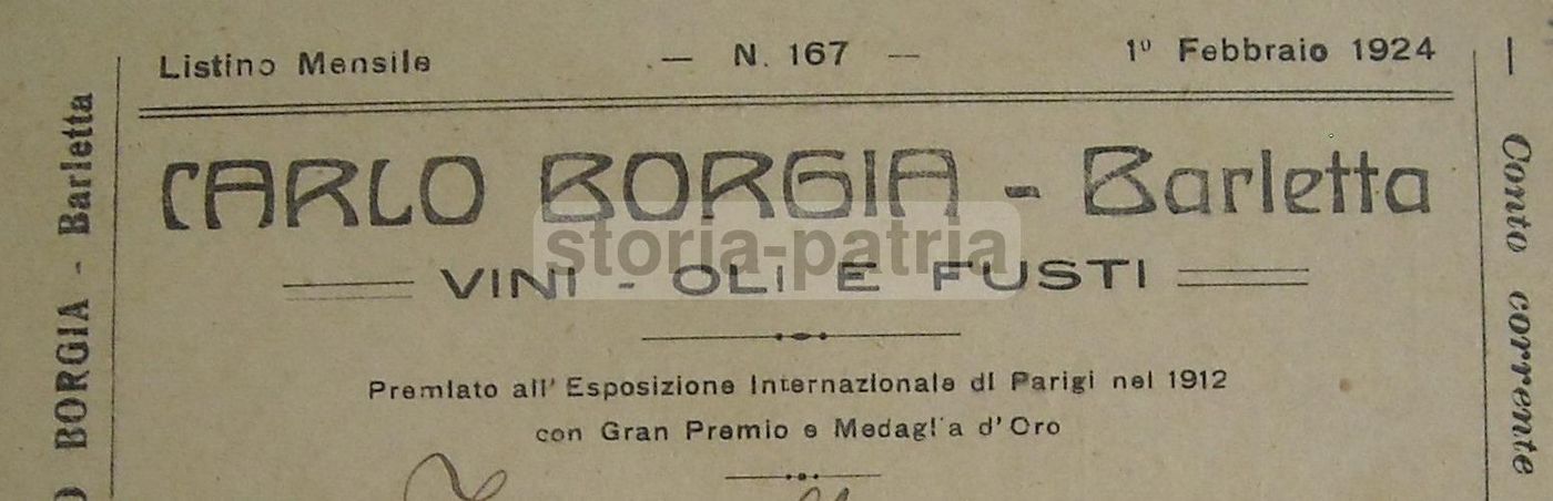 Listino Prezzi Vini E Oli Carlo Borgia, Barletta 1924 (pieghevole)