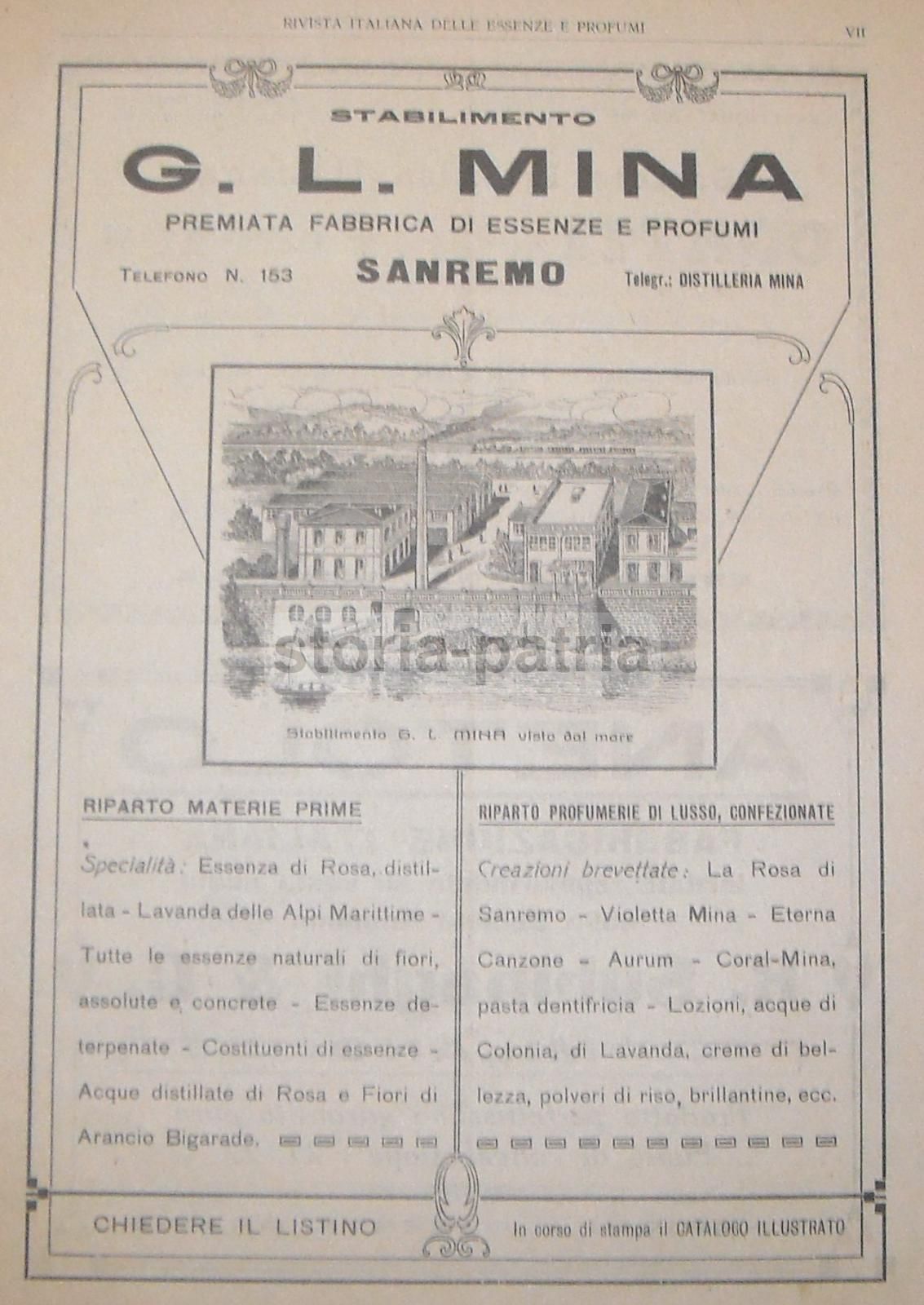 Pubblicità Antica Stabilimento Mina Essenze Profumi Sanremo 1921