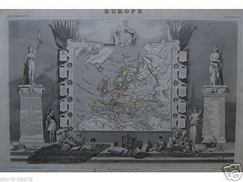 Mappa Antica Dell'Europa Di Victor Levasseur, Incisione Originale, Parigi, Metà XIX Secolo