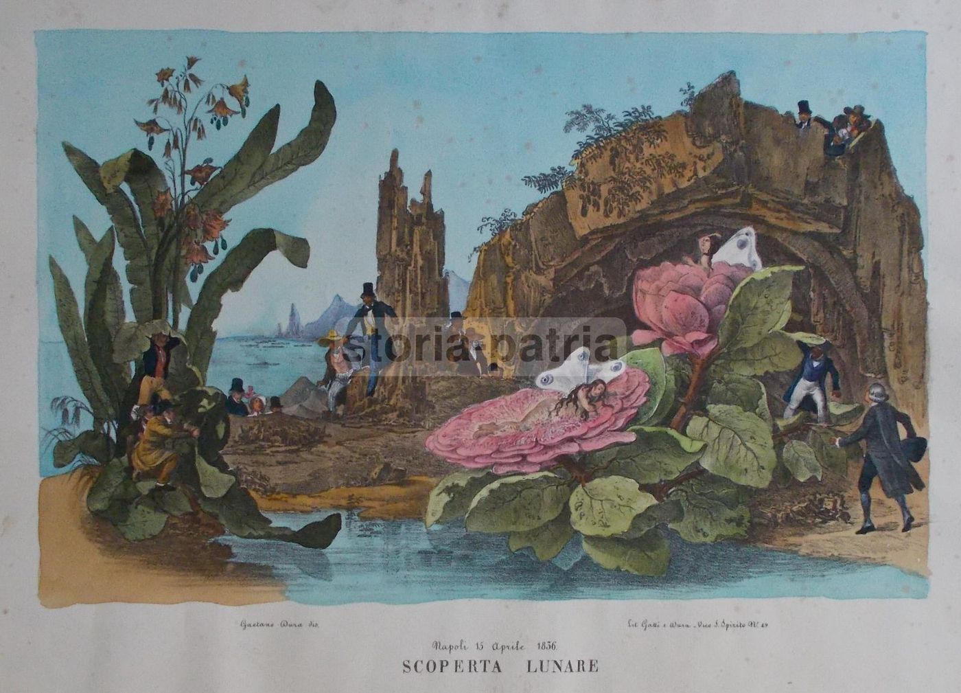 Stampa Litografica Lunare Napoli 1836 Gaetano Dura Colorata