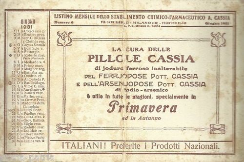 Calendario Pubblicitario Pillole Cassia, Milano, Giugno 1931