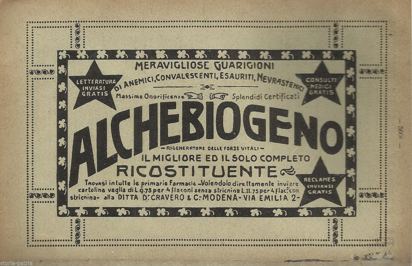 Pubblicità Alchebiogeno Farmacia Cravero Modena Inizio '900