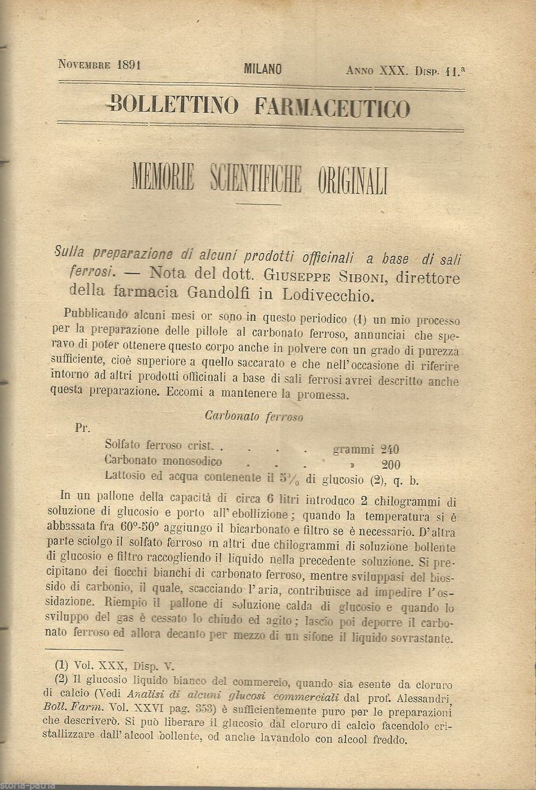 Bollettino Chimico Farmaceutico 1891 Siboni Griggi Pistoia Milano
